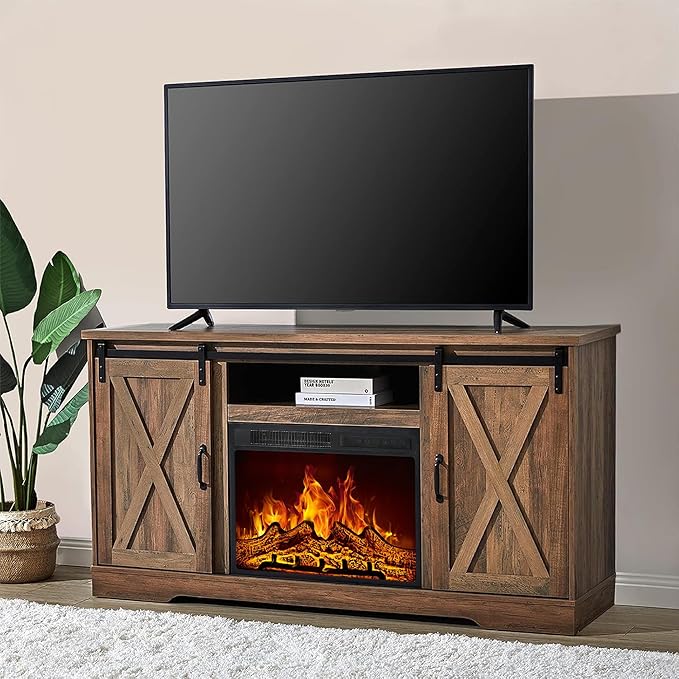 AMERLIFE 59" Fireplace TV Stand for TVs up to 65", Farmhouse Entertainment Center with Sliding Barn Doors, Storage Cabinets and Adjustable Shelves, Barnwood