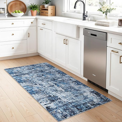2x5 Washable Kitchen Runner Rug – Non-Slip Rubber Backing Low-Pile Soft Small Rug for Hallway Bathroom Bedroom Entryway Laundry Room – Modern Neutral Abstract Thin (Navy Blue)