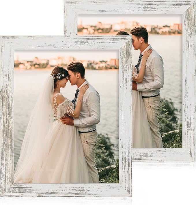 iRahmen 8.5x11 Picture Frame - High Definition Real Glass Wooden Photo Frames for Tabletop Display and Wall Mounting (Distressed-White, Set of 2)