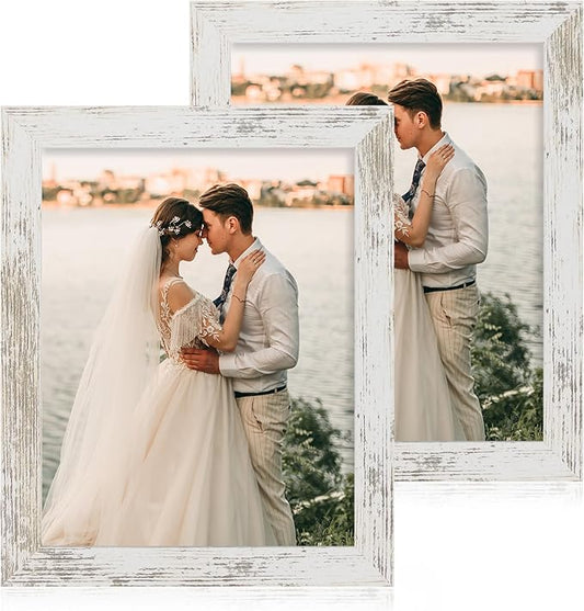 iRahmen 8.5x11 Picture Frame - High Definition Real Glass Wooden Photo Frames for Tabletop Display and Wall Mounting (Distressed-White, Set of 2)