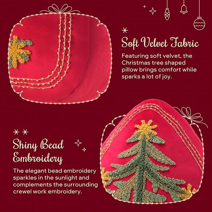 Phantoscope Merry Christmas Tree Decorative Throw Pillow, Velvet Beads Embroidery 3D Shaped Cushion, Suitable for Sofas, Living Rooms, and Beds, Red, 18 x 14 in