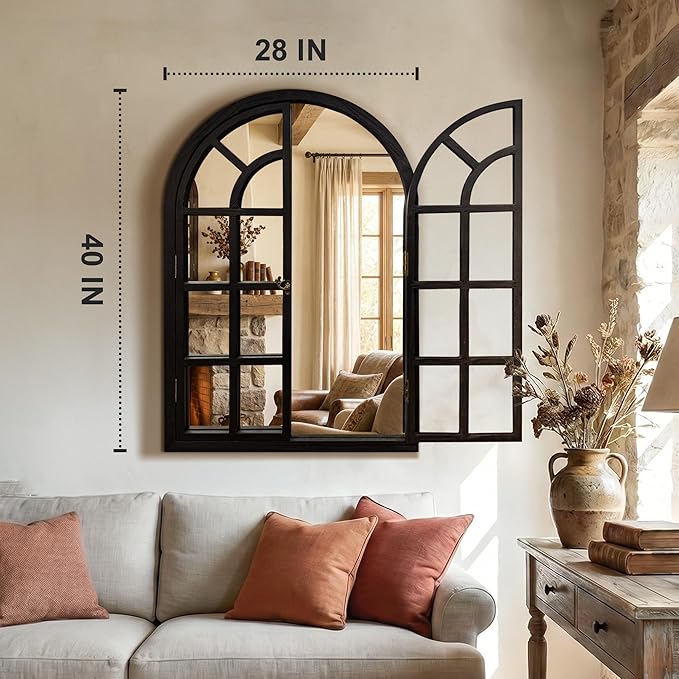 TRAHOME Arched Windowpane Mirror, 28"x40" Black Wood Frame Rustic Farmhouse Wall Mirror, Vintage Decorative Window Mirror for Living Room, Entryway, Bathroom