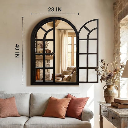 TRAHOME Arched Windowpane Mirror, 28"x40" Black Wood Frame Rustic Farmhouse Wall Mirror, Vintage Decorative Window Mirror for Living Room, Entryway, Bathroom