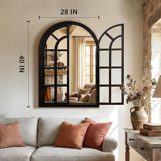 TRAHOME Arched Windowpane Mirror, 28"x40" Black Wood Frame Rustic Farmhouse Wall Mirror, Vintage Decorative Window Mirror for Living Room, Entryway, Bathroom