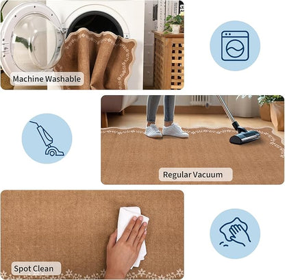 GarveeHome Round Area Rugs 5ft for Bedroom, Solid Brown Washable Circle Rug Soft Non Slip Floral Print Floor Mat Carpet Indoor Thin Rug for Kids Room Dining Room Playroom Nursery