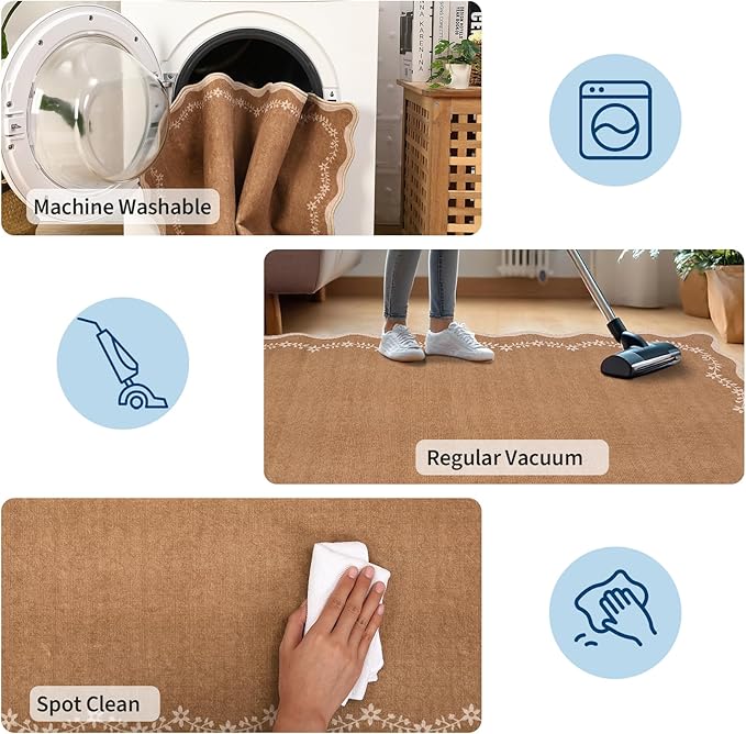 GarveeHome Scalloped Entryway Rug, 2x3 Solid Brown Washable Front Door Rug Indoor Entrance Floral Carpet Non-Slip Low Pile Throw Rugs for Kitchen Floor, Powder Room, Entry, Bathroom, Kids Room