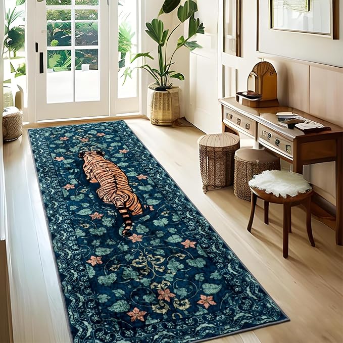 Tiger Rug Runner for Hallways 2x6Ft, Boho Farmhouse Kitchen Laundry Runner Rugs Non Slip, Low Pile Soft Animal Bedroom Floor Carpet for Entryway Laundry Bathroom Spring Summer, Dark Blue