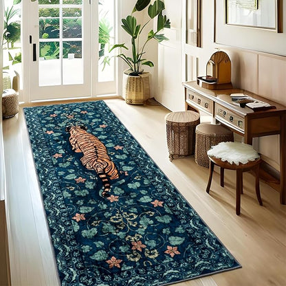 Tiger Rug Runner for Hallways 2x6Ft, Boho Farmhouse Kitchen Laundry Runner Rugs Non Slip, Low Pile Soft Animal Bedroom Floor Carpet for Entryway Laundry Bathroom Spring Summer, Dark Blue