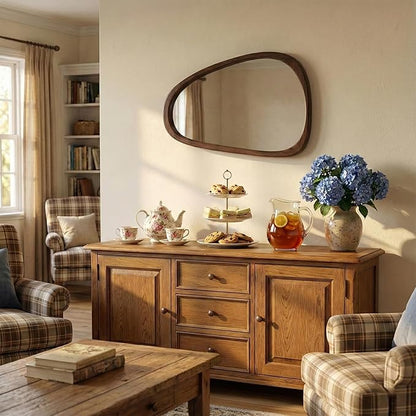 Solid Wood 36"x24" Retro Mid-Century Asymmetrical Wall Mirror, Irregular Wooden Wall-Mounted Mirror, Sculptural Bathroom Vanity Mirror for Living Room & Sideboard, Dark Walnut