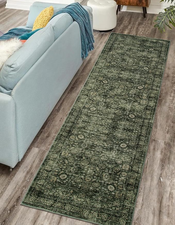 Morebes Washable Dark Green Runner Rug 2.5x8, Vintage Boho Runners for Hallways Non Slip, Soft Floral Indoor Floor Throw Carpet for Kitchen Laundry Room Bedroom Bathroom Living Entryway
