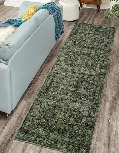 Morebes Washable Dark Green Runner Rug 2.5x8, Vintage Boho Runners for Hallways Non Slip, Soft Floral Indoor Floor Throw Carpet for Kitchen Laundry Room Bedroom Bathroom Living Entryway