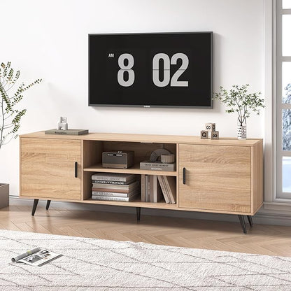 Mid Century Modern TV Stand - 70" for 75" TV, Wood with Storage, Entertainment Center for Living Room & Bedroom, Media Console, Oak