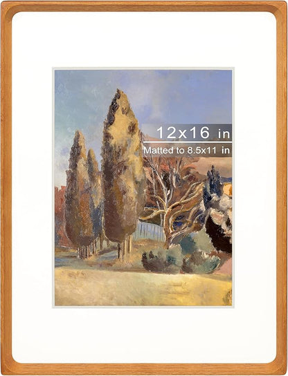 12x16 Picture Frame with Mat for 8.5x11, Natural Teak Wood Handcrafted Rounded Corner with Plexiglass, Vertical or Horizontal Display Photo Document Gallery Poster Wall Mounting Frame