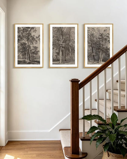 PHOPAGO Vintage Tree Framed Wall Art Large 16x24in Retro Forest Wall Decor Nature Wilderness Sketch Paints Modern Bedroom Living Room Decor - Natural Framed