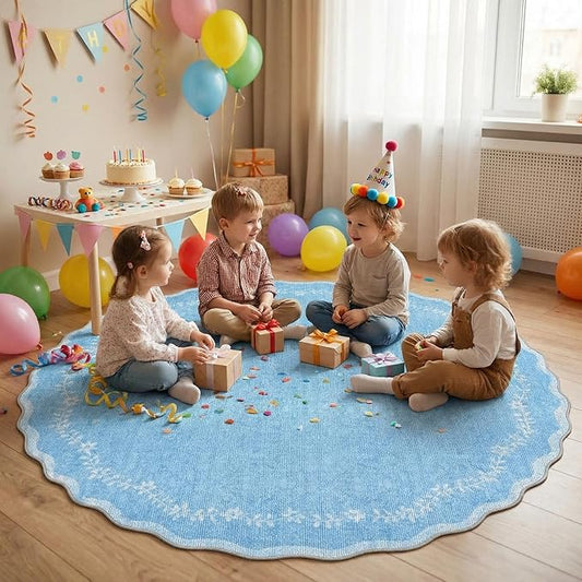 GarveeHome Scalloped Round Area Rugs 8ft for Living Room, Large Solid Blue Washable Circle Rug Soft Non Slip Floral Print Floor Mat Carpet Indoor Thin Rug for Bedroom Dining Room Playroom Nursery