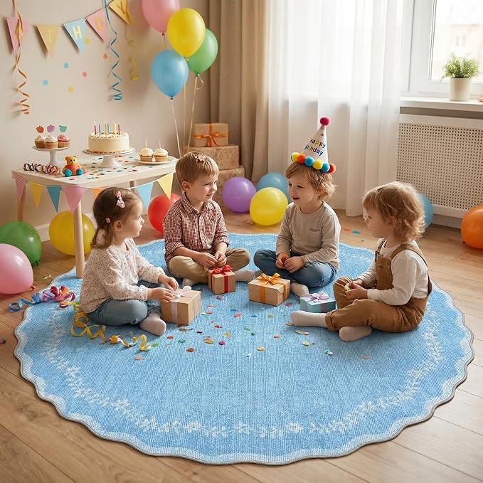 GarveeHome Round Area Rugs 6ft for Bedroom, Solid Blue Washable Circle Rug Soft Non Slip Floral Print Floor Mat Leaves Carpet Indoor Thin Rug for Living Room Dining Room Playroom Nursery