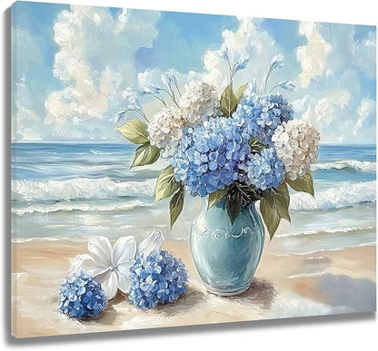 LB Blue Hydrangea Beach Wall Art Blue and White Floral Coastal Ocean Canvas Wall Art Modern Aesthetic Wall Decor for Bedroom Bathroom Living Room Framed Artwork Ready to Hang 12L x 12W