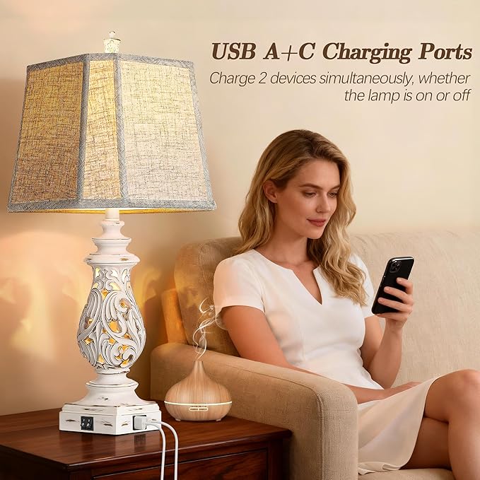 PARTPHONER 29" Table Lamps Set of 2, Bedside Lamps with USB A+C Ports & Night Light, Farmhouse Nightstand Lamps with Linen Fabric Shades for Bedroom Living Room, Antique White (LED Bulbs Included)