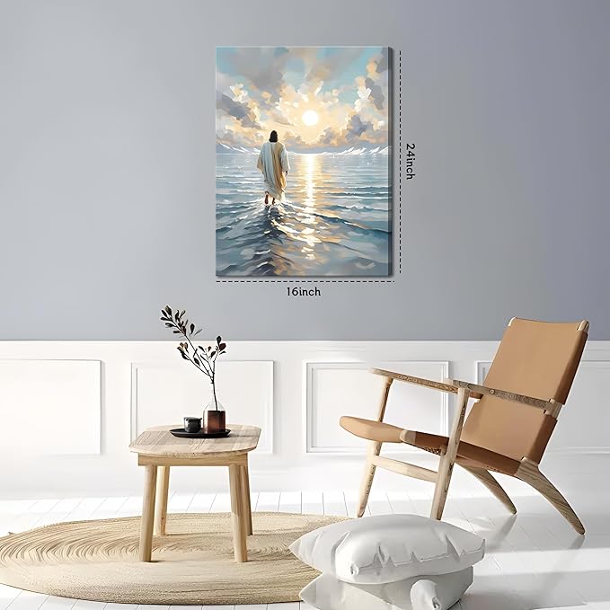 Jesus Canvas Wall Art, Christian Wall Decor of Jesus Walking on Water, Inspirational God Picture for Living Room, Prayer Room or Church, Catholic Religious Artwork – 16"x24" Framed