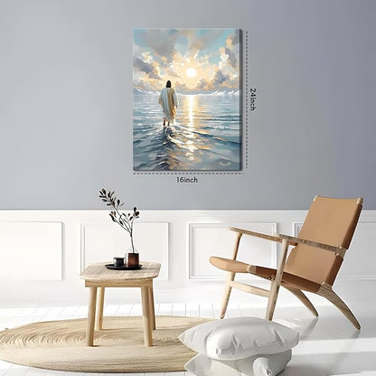 Jesus Canvas Wall Art, Christian Wall Decor of Jesus Walking on Water, Inspirational God Picture for Living Room, Prayer Room or Church, Catholic Religious Artwork – 16"x24" Framed