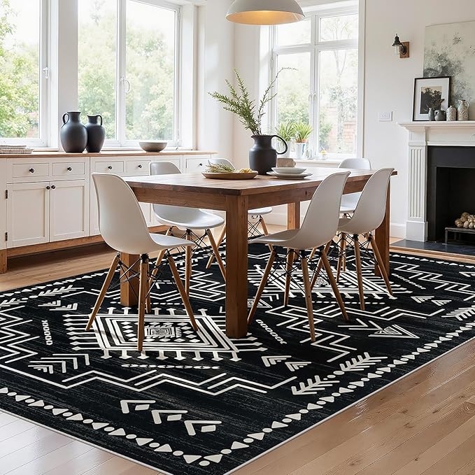 Joydeco Moroccan Black 8x10 Area Rugs for Living Room, Non-Slip Western Large Bedroom Dining Room Rug, Throw Stain Resistant Geometric Aztec Print Modern Soft Carpet for Playroom Office