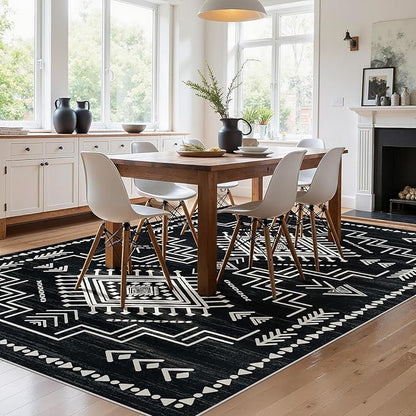 Joydeco Moroccan Black 8x10 Area Rugs for Living Room, Non-Slip Western Large Bedroom Dining Room Rug, Throw Stain Resistant Geometric Aztec Print Modern Soft Carpet for Playroom Office
