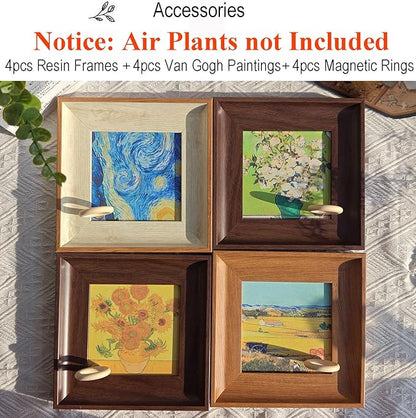 Set of 4 Van Gogh Painting & Air Plant Living Holder Stand Wall Art Decor 2-in-1 DIY 3D Magnetic Textured Airplant Frames with Famous Art Prints, Vintage Living Room Bedroom Wall Hanging Decorations