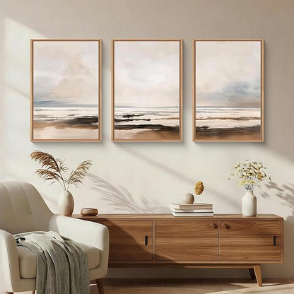 HOURIA Large Neutral Abstract Gray Framed Wall Art Set,Minimalist Modern Beige Brown Landscape Wall Decor,Wilderness Filed Artwork,Watercolor Misty Lake Print for Living Room,Bedroom,Office-16 x24 x3