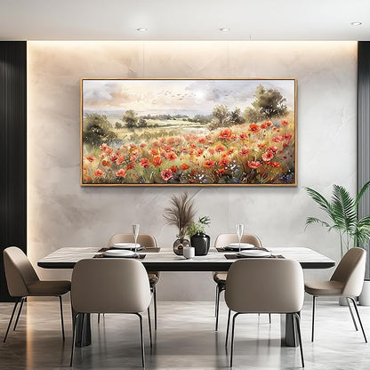 QIYILEXWART Large Wall Decor For Living Room Canvas Wall Art For Office Modern Wall Decorations For Bedroom Red Blooms Field Landscape Painting Farmhouse Pictures Artwork Room Home Decor 24x48 In