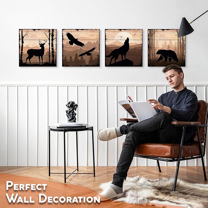 DIMARONGTON Wild Animal Canvas Wall Art Set of 4, 12x12 Inch Nature Canvas Art, Rustic Cabin Decor, Wildlife Prints Deer, Bear, Wolf Animal Wall Decor