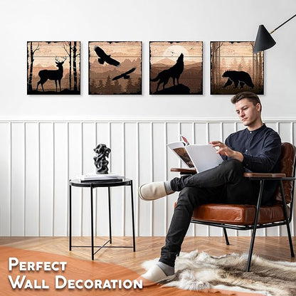 DIMARONGTON Wild Animal Canvas Wall Art Set of 4, 12x12 Inch Nature Canvas Art, Rustic Cabin Decor, Wildlife Prints Deer, Bear, Wolf Animal Wall Decor