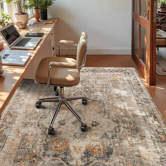 YOH Boho Washable Rug 5x7, Terracotta Vintage Non Slip Area Rug, Distressed Indoor Carpet for Living Room Bedroom Kitchen Office