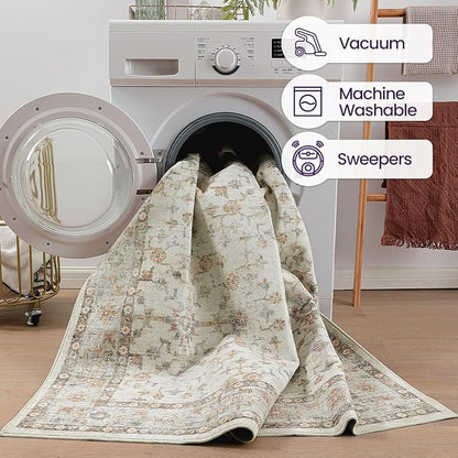 DEXI Area Rugs for Living Room, 5x8 Washable Low Pile Vintage Rug for Bedroom, Non Slip Indoor Carpet for Dining Office Nursery, Beige Cream