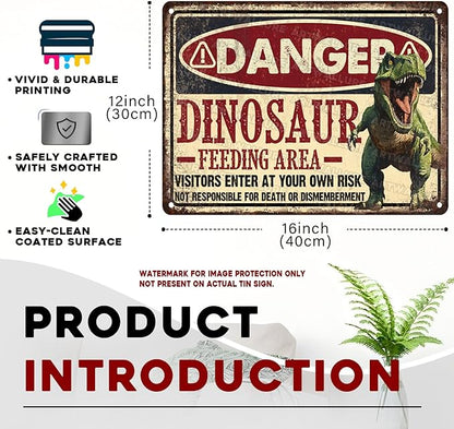 Dinosaur Vintage Tin Sign Dinosaur Feeding Area Great Boy's Room Metal Decor Sign Warning for Bedroom and Playroom 12x16inch
