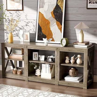 VINGLI TV Stand for 70 Inch TV, Farmhouse Entertainment Center with Storage, Mid Century Modern Media TV Console Table for Living Room Bedroom, Gray Oak