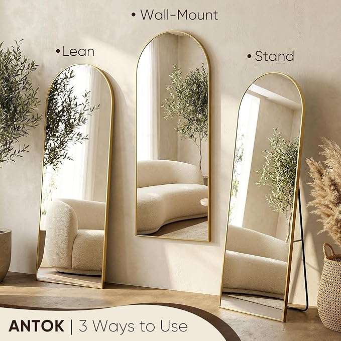 Antok 68" x26” Arched Full Length Floor Mirror, Gold Aluminum Frame, Free Standing/Wall Mount/Leaning for Bedroom, Living Room, Dressing Room