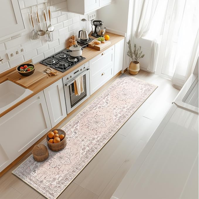 BESTSWEETIE 2x8 Area Rug Washable Rugs for Living Room, No Pile Boho Carpet for Entryway Bedroom Dinning Room, Vintage Carpet Print Distressed Non-Slip, 2 x 8 ft, Pink Beige Grey