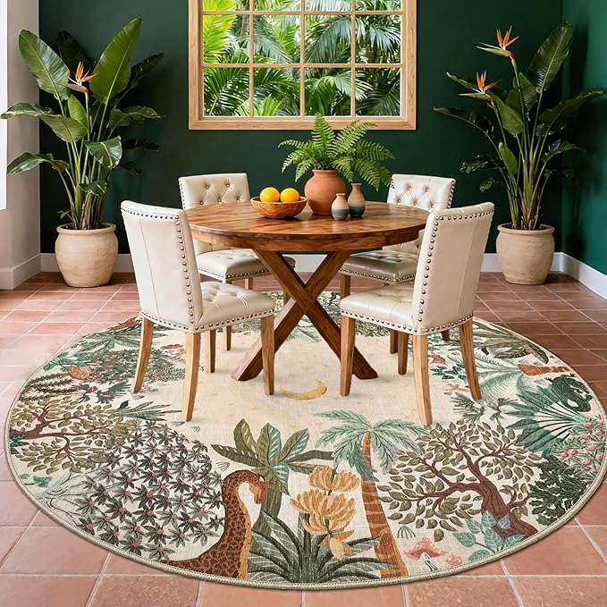 GarveeHome Round Area Rugs 8ft for Living Room, Large Beige Jungle Washable Circle Rug Soft Non Slip Forest Animal Print Floor Mat Tiger Carpet Indoor Thin Rug for Bedroom Dining Room Playroom Nursery