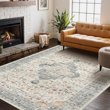 Rugxara Washable Area Rug for Living Room, Vintage Neutral Boho Rugs for Office, Dining Room, Kids Room, Farmhouse, Durable Low Pile Non Slip Carpet for High Traffic Areas, Taupe(4x6ft)