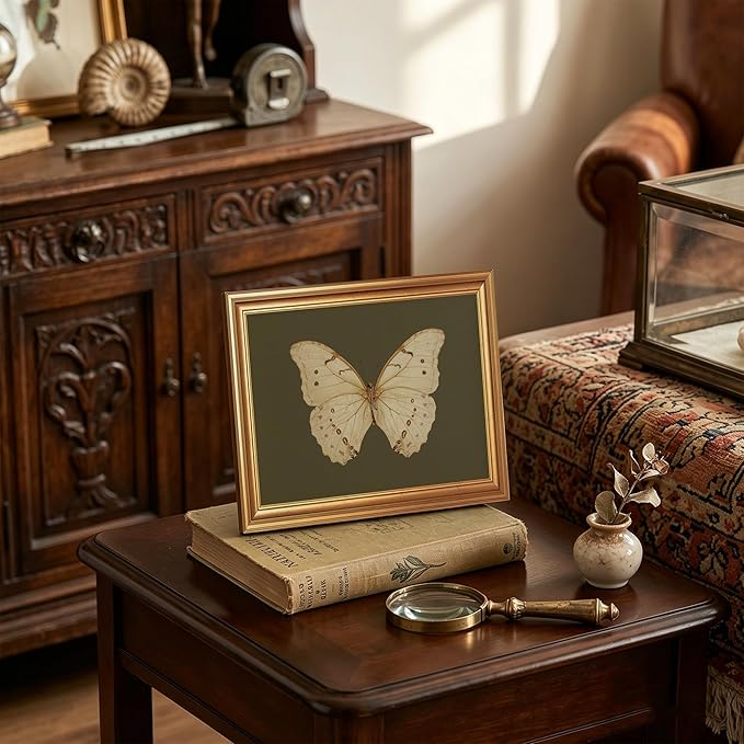 JLTULT Gold Frame White Butterfly Wall Art Print on Dark Green Background, Vintage Framed Wall Decor for Living Room, Bedroom, Office 8x10 Inch Fade-Resistant Print Easy to Hang