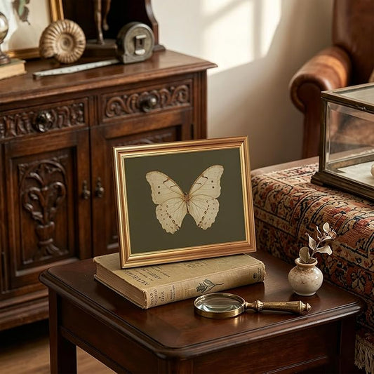 JLTULT Gold Frame White Butterfly Wall Art Print on Dark Green Background, Vintage Framed Wall Decor for Living Room, Bedroom, Office 8x10 Inch Fade-Resistant Print Easy to Hang