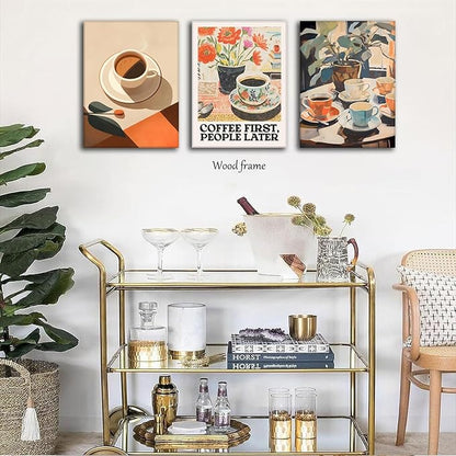 Vintage Coffee Kitchen Canvas Wall Art Set of 3, Fashion Aesthetic Flowers Espresso Poster Picture, Simple Travel Drinks Wall Decor Painting Prints for Dining Room Cafe Bar 16x24 Inch Framed