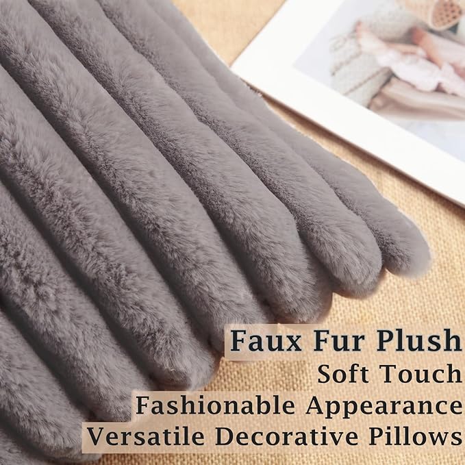 Decorative Throw Pillow with Inserts, Set of 2 Soft Faux Fur Throw Pillows, Square Boho Striped Pillow for Couch, Bed, Sofa Decor(Gray, 18" x 18")