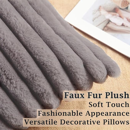 Decorative Throw Pillow with Inserts, Set of 2 Soft Faux Fur Throw Pillows, Square Boho Striped Pillow for Couch, Bed, Sofa Decor(Gray, 16" x 16")