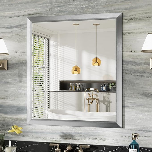 36x32 Inch Brushed Silver Bathroom Mirror for Wall, Thick Metal Framed Rectangle Mirrors for Over Sink, Bedroom, Living Room, Entryway, Anti-Rust, HD Tempered Glass