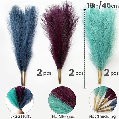 Pampas Grass Decor, Fluffy Faux Pampas Grass 6 Stem 18"/45cm Pompous Grass Small Flower Arrangement and Vase Filler for Boho Home Wedding Decoration