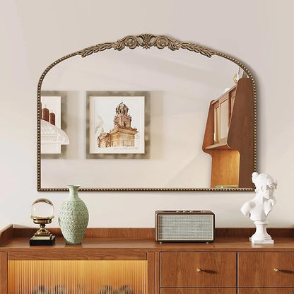 Besdomus Gold Large Arched Mirror: 40"x29" French Baroque Vintage Mirror - Traditional Ornate Antique for Mantel/Bedroom/Entryway/Bathroom/Hallway - Home Decor for Fashion-Conscious