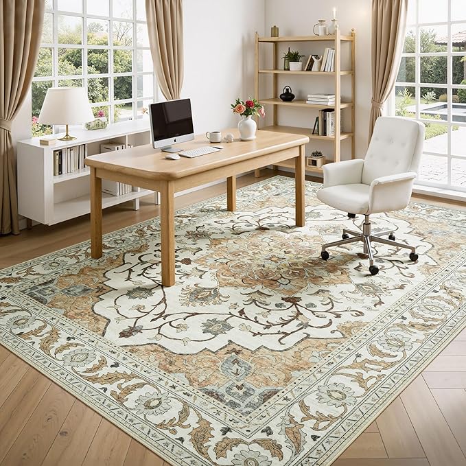 Lessymo Washable Area Rug for Living Room,9x12 Large Rugs with Non-Slip Backing,Soft Boho Carpets for Bedroom Dining Room Nursery Home Office,Light Beige