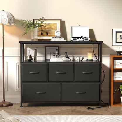 DUMOS TV Stand, Dresser with 5 Fabric Storage Drawers, Media Console Featuring Open Shelf, Fabric Storage Cabinet with Charging Station, Compact Entertainment Unit for Bedroom, Living Room, Black
