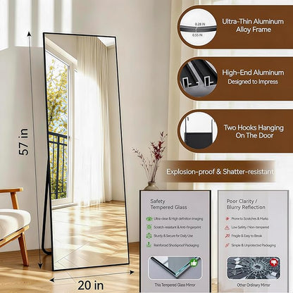 NARCISSUS 57x20 Mirror Door Hanging Full Length Body with Floor Stand or Wall Mounted Metal Aluminum Frame Tempered Glass Rectangle Mirrors for Bedroom Dressing Living Room Bathroom 57 inch Black